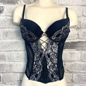 La Senza Bustier Corset Top Black Mesh Silver Metallic Lace